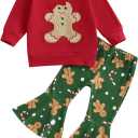 Toddler Baby Girl Christmas Outfit Gingerbread Candy Cane Sweatshirt Bell Bottom Pants Set (3-4T)