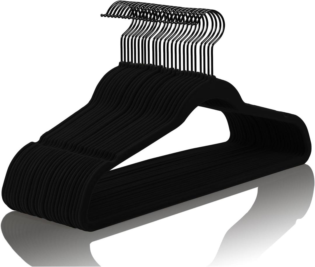 MIZGI Premium All Black Velvet Hangers with Black Hooks (30 Pack) Heavy Duty - Non Slip Felt Hangers - 360 Degree Swivel,Space Saving Clothes Hanger,Durable Strong Hanger for Suits,Coat
