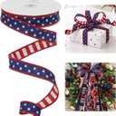 HUIHUANG Stars and Stripes Reversible Dupioni Wired Ribbon 1 inch Patriotic Wire Edge Ribbon for 4th of July Memorial Day Home Decor Bows Making DIY Crafts - Continuous 10 Yards