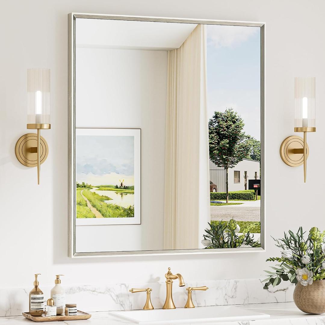 Keonjinn 32 x 36 Inch Brushed Nickel Rectangular Bathroom Mirror for Vanity