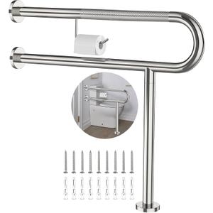 Toilet Grab Bar with Leg 31.5x28 Inch, ZUEXT Chrome Knurled Toilet Support Bar with Toilet Paper Holder,Stainless Steel Wall & Floor Mounted Bathroom Support Rail for Seniors Elderly Disabled Pregnant