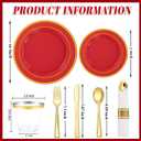 WDF Partyware 350Pieces Red Plastic Plates with Gold Rim Include 50Dinner Plate 10inch 50Dessert Plate 7inch 50 gold Cups 9 OZ, 50 Pre Rolled Napkins for Party/Baby Shower/Wedding/Spring/Mother's Day