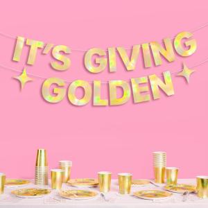 xo, Fetti It's Giving Golden Banner - Gold Foil | 6 Ft. | Birthday Sign, Bachelorette Party Background, Metallic Bday Decorations