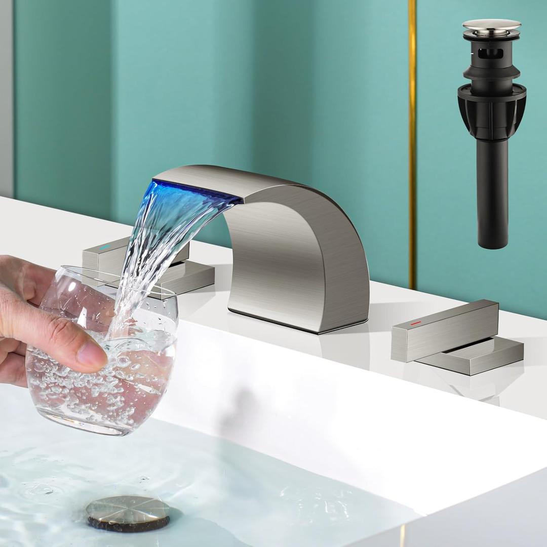 AUU Brushed Nickel LED Bathroom Sink Faucet 3 Holes,8 Inch Widespread Vanity Sink Faucets,2 Handles Waterfall Basin Faucets with Pop Up Drain