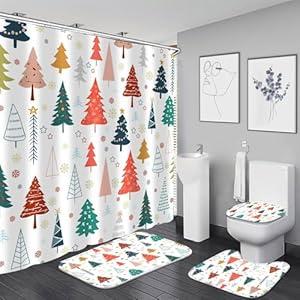 Nkzply 4 Pcs Christmas Shower Curtain Tree Set Xmas Bathroom Sets with Shower Curtain and Rugs Winter Snowflake Merry Christmas Bathroom Decor Bathroom Rugs Set and Toilet Lid Cover