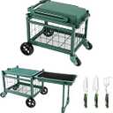 Rolling Garden Cart with Tool Bag and 3-Piece Garden Tools Set, Garden Work Seat and Heavy-Duty Wagons with 360° Swivel Wheels, Workbench and Metal Storage Basket, Supports Up to 400LBS