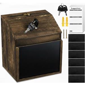 Wood Suggestion Box with Lock - 6 Chalkboard, 100 Suggestion Cards, Tip Jar, Wall Mountable Donation Box, 8x7x6Inches
