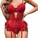 Avidlove Lingerie for Women Mesh Lace Bodysuit Sexy Wireless Garter Lingerie Set Teddy Lingerie(No Stockings) Medium