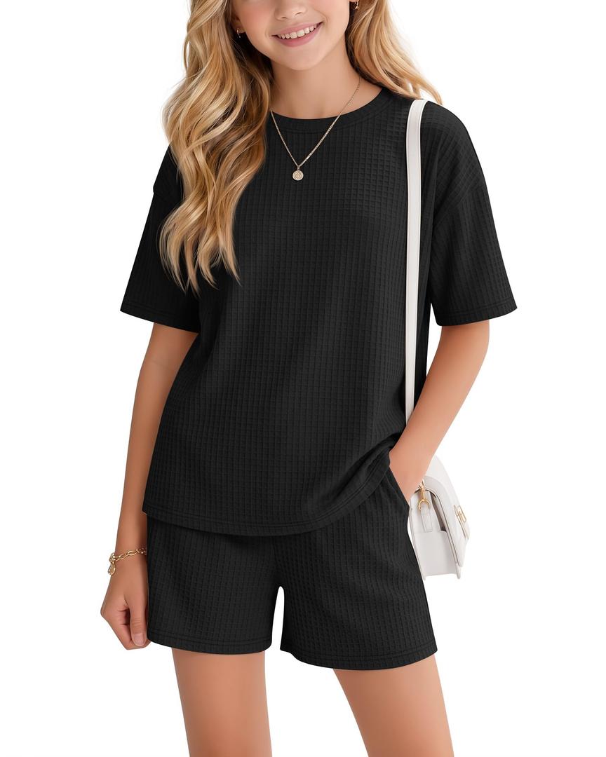 Vinsatin Girls' 2 Piece Summer Outfits, Black, 5-6 Years