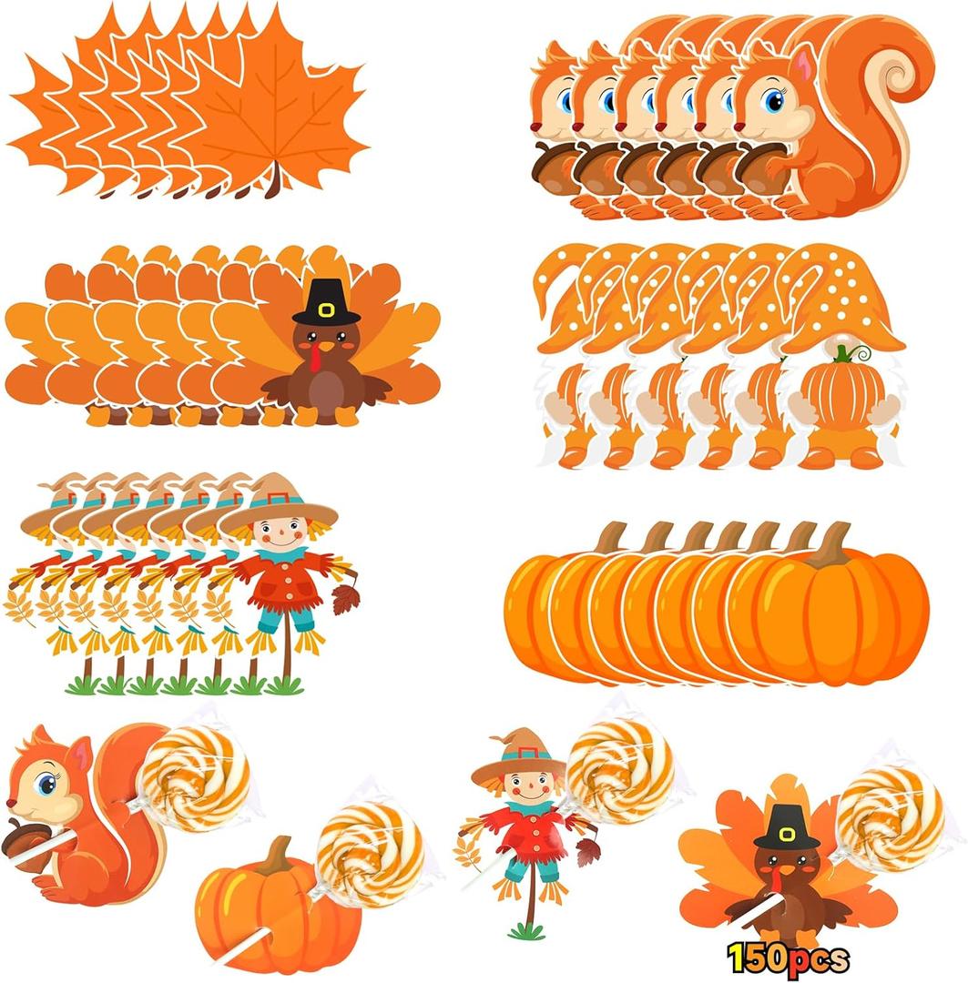 150PCS Fall Candy Holder Cards: Thanksgiving, Lollipop, Paper Cards, Decorations, Turkey, Autumn Maple Leaves Cutouts, Fall Party Supplies, Pumpkin Lollipop for Halloween Party Gift Supplies