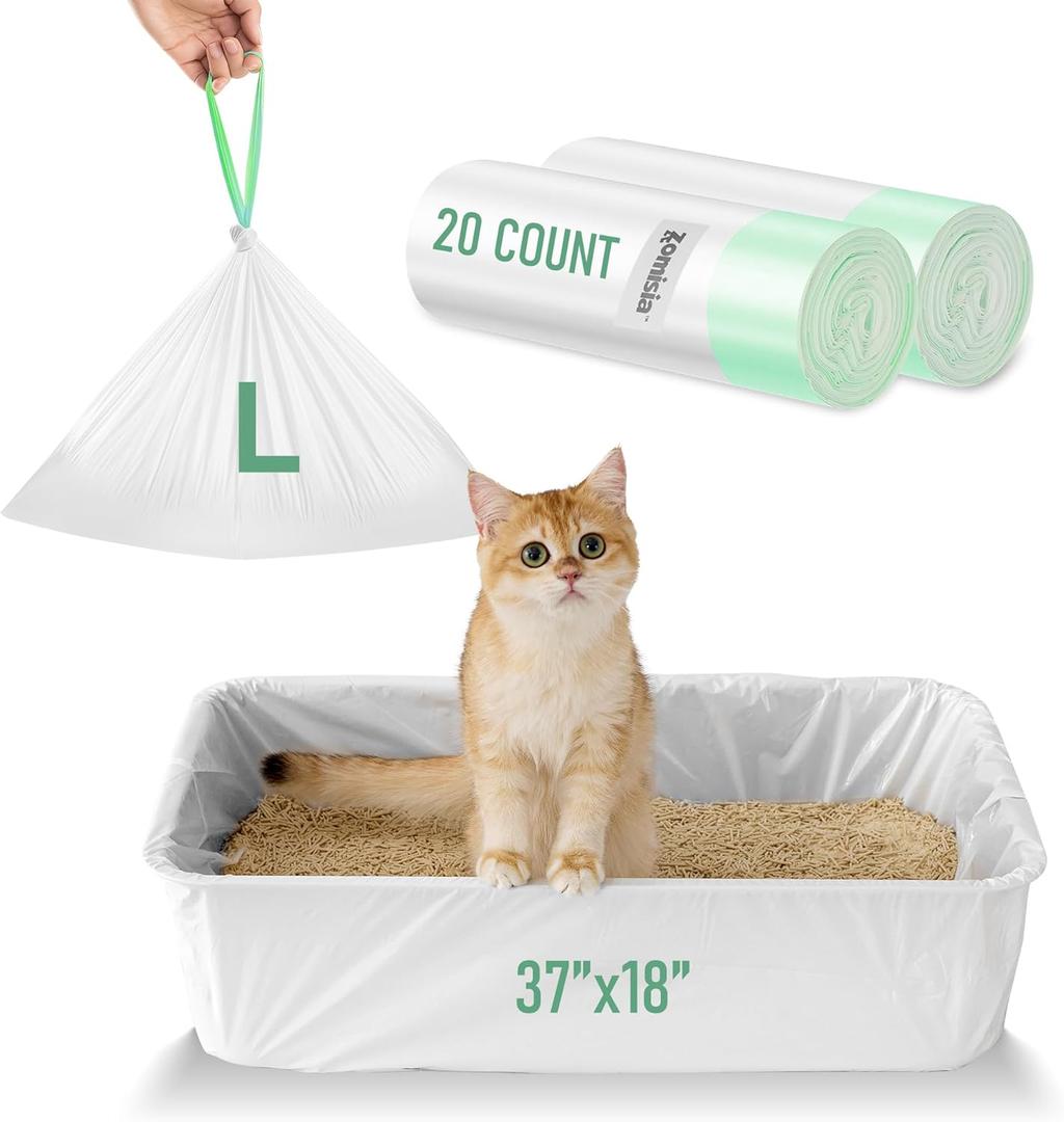 Cat Litter Box Liners Large - 20 Count 37" x 18" Jumbo Litter Bags with Drawstring, Extra Thick Kitty Litter Pan Liners Tear Resistant Heavy Duty, Easy Clean up for Litter Tray, Unscented
