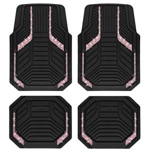 PIC AUTO Car Floor Mats, Pink Sparkly Crystal Bling Glitter Car Mats Set, Front and Rear Heavy Duty Rubber Car Mats with Anti-Slip Backing, All Weather, Trim-to-Fit for SUVs, Trucks, Sedan, Vans