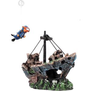 Aquarium Shipwreck Decoration + Little Diver Floating Fish Tank Decoration, Fish Tank Ornaments