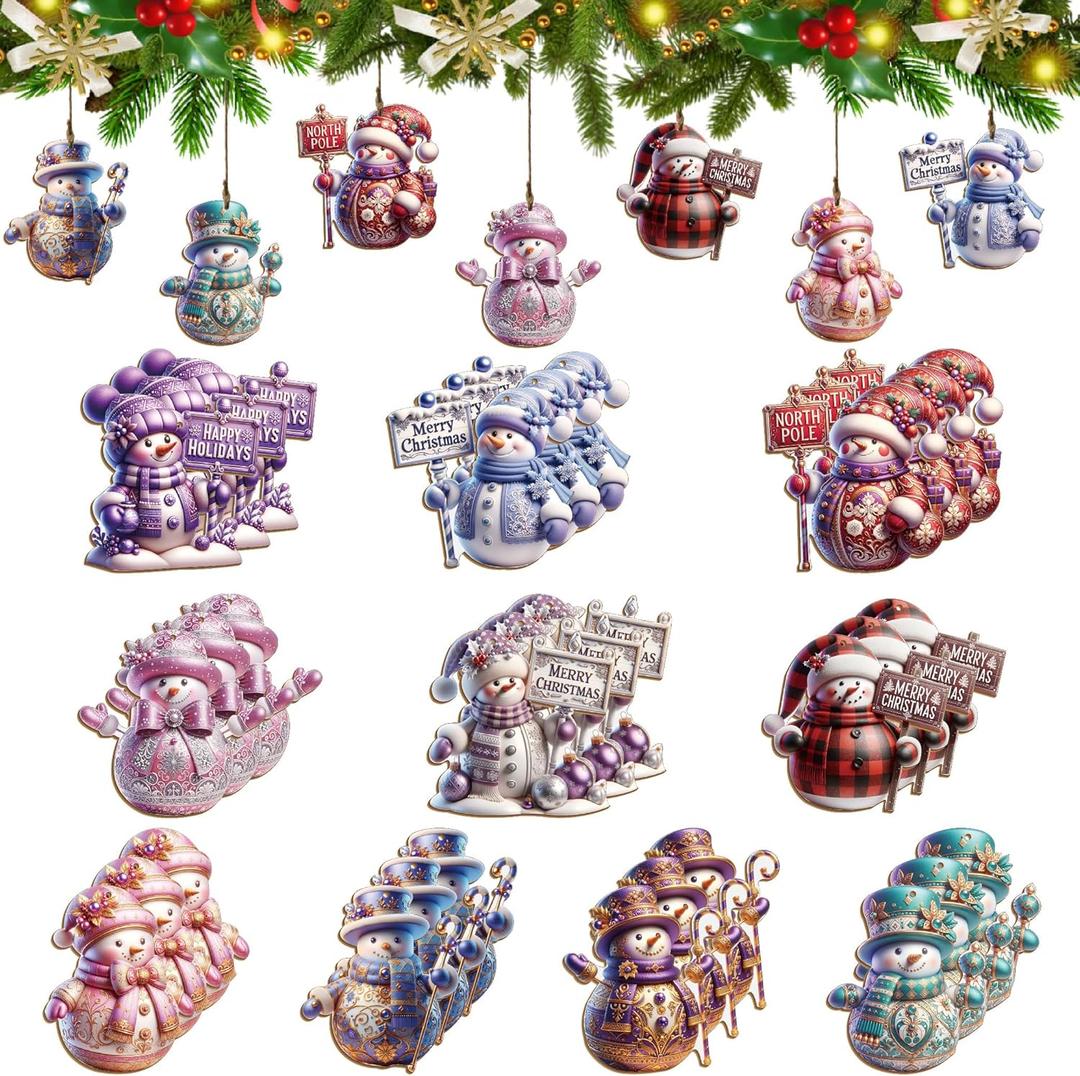 2 x Christmas Snowman Ornaments Set, 30 Pieces, Wood Holiday Tree Decorations, Purple Blue White Design with Signs