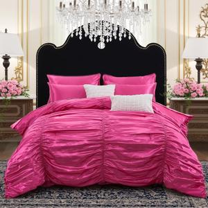 Bedorm Hot Pink Comforter Set 9 Pcs King Size Satin Bedding Set Pintuck Pinch Pleated Comforter Silky Ruched Bed in A Bag with Comforter, Flat Sheet, Fitted Sheet, Pillowcases & Cushion Cover