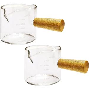 2Pcs Double Spouts Espresso Shot Glasses Measuring Glass Espresso Cups Cookware with Wood Handle for Milk Coffee, 75 Ml Wood Brown