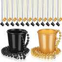 Dandat 24 Pcs Shot Glass on Beaded Necklace Graduation Accessories Disposable Mini Plastic Shot Cups for Graduation Party Accessories Bachelorette Birthday Wedding Festival Party Favor(Black, Gold)
