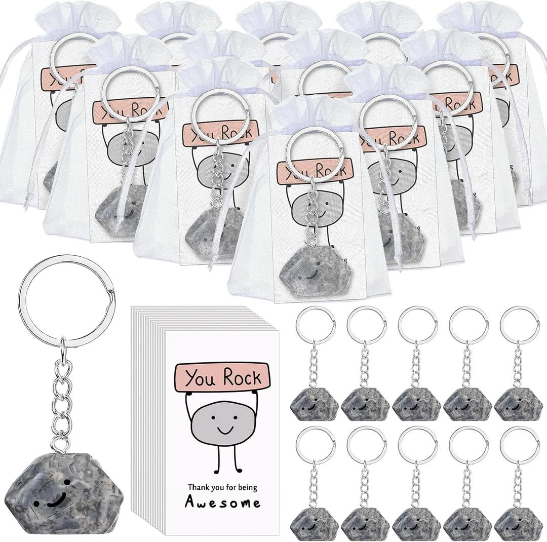 50 Set Employee Appreciation Gifts Inspirational You Rock Gifts Bulk Stone Keychain with Smile Card Thank You Gift for Office Coworker Staff Social Worker Volunteer Team Teacher Nurse