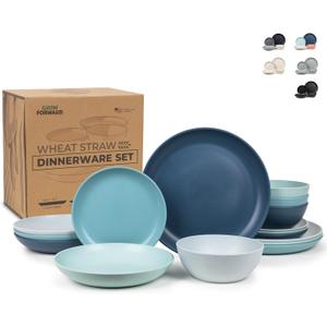 Grow Forward 16-piece Premium Wheat Straw Dinnerware Sets for 4 - Unbreakable Dishwasher & Microwave Safe Plastic Plates and Bowls Sets - Patio, Outdoors, RV, Camping Dishes - Seascape