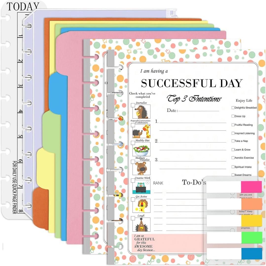 Rancco Discbound Junior Daily Planner Refills, 180 Pages 8 Disc Punched Half Letter Paper Inserts w/Index Tabs, Binder Dividers, Loose-Leaf Bag, Ruler For Circa, Arc, TUL, Happy Planner, 5.5x8.5" (Successful Day)