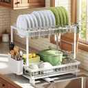 Multifunctional Dish Drying Rack - Rustproof, 2-Tier Dish Racks with Drainboard, Space-Saving Design, Utensil & Cup Holder for Kitchen Counter, White