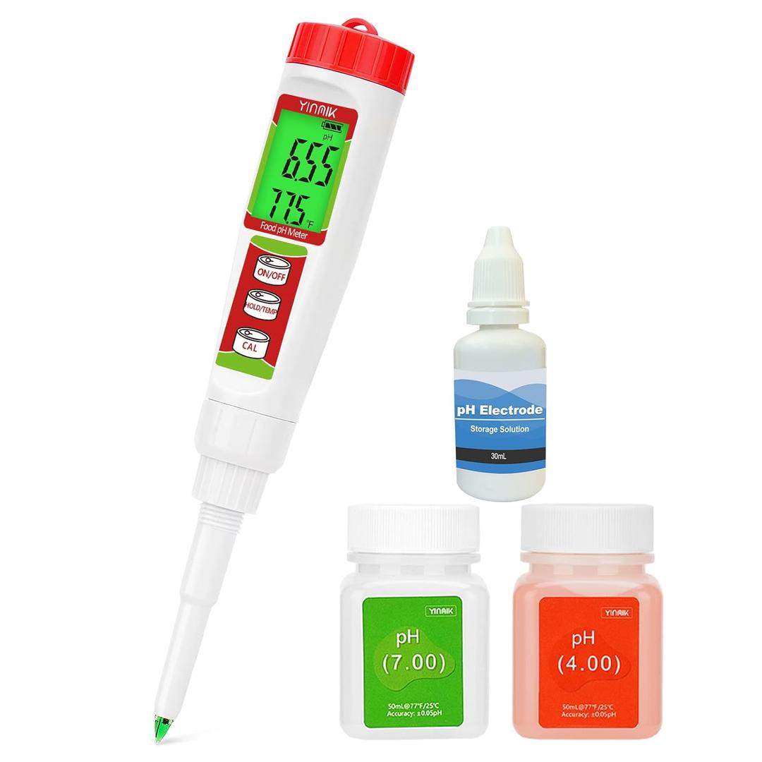 Digital Food pH Meter YINMIK pH Meter Food Fermentation with Calibration Solution Kit pH Test Strips for Food Spear Tip pH Meter Probe for Dough Sushi Rice Fermenting Sausage Meat Soap Cheese
