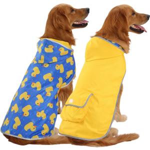 HDE Reversible Dog Raincoat Hooded Slicker Poncho Rain Coat Jacket for Small Medium Large Dogs Ducks Yellow - L