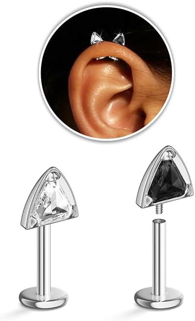 2 Pairs Stackable Cat Stud Earrings for Women, Hypoallergenic G23 Titanium 16G Stainless Steel Helix Cartilage Earrings - Flat Back CZ Jewelry Gift for Sensitive Ears - 2 Colors (sliver)