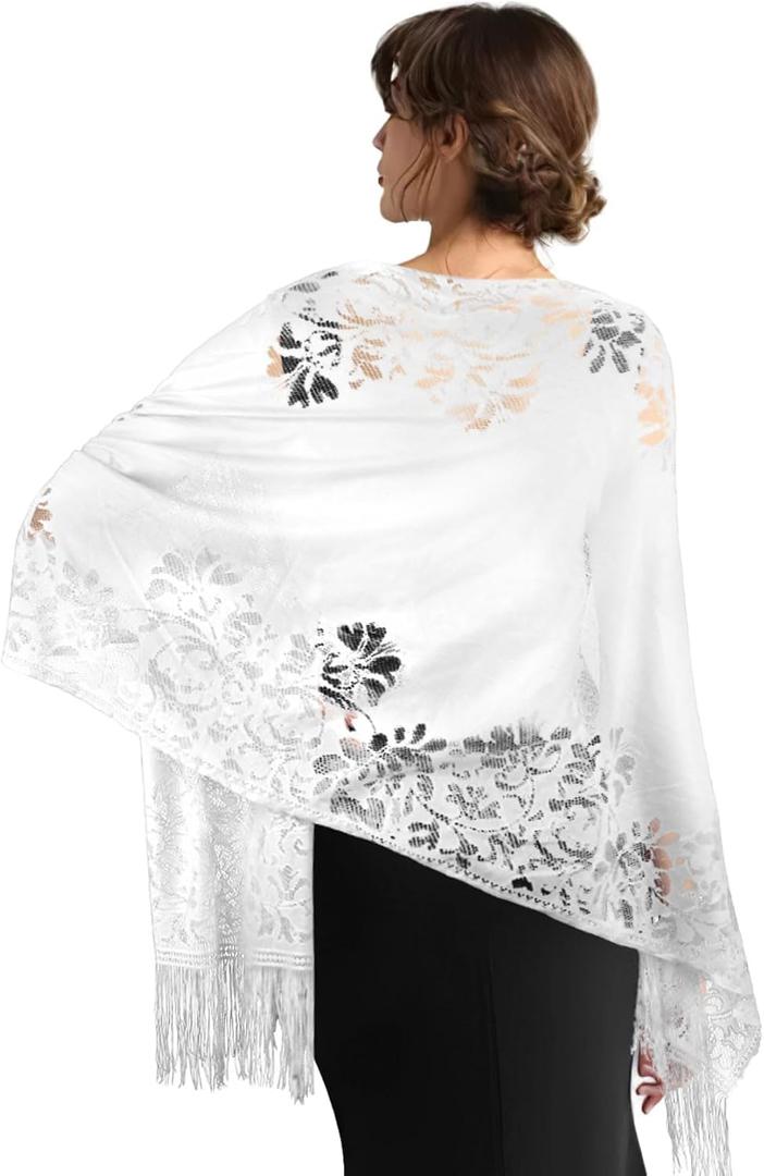 Shawls and Wraps for Evening Dresses Scarfs for Women Pashmina 1920s Wedding Formal Lace Fringe Shawl Accessories (White)