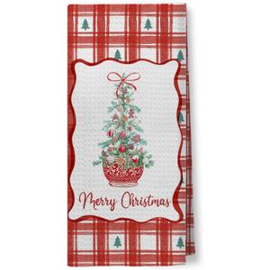Red Chinoiserie Christmas Tree Kitchen Towels, Coquette Grandmillennial Bow Christmas Hand Towels for Bathroom, Preppy Red Bow Xmas Plaid Dish Tea Towel for Kitchen Decor, 16x24 Inch (Color 03)