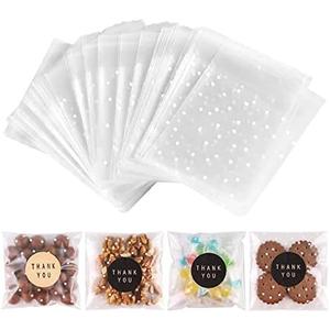 NPLUX 100PACK Self Sealing Cellophane Bags Clear Cookie Treat Bags Thank You for Gift Giving Candy with Stickers(White Polka Dot, 4x4 INCH)