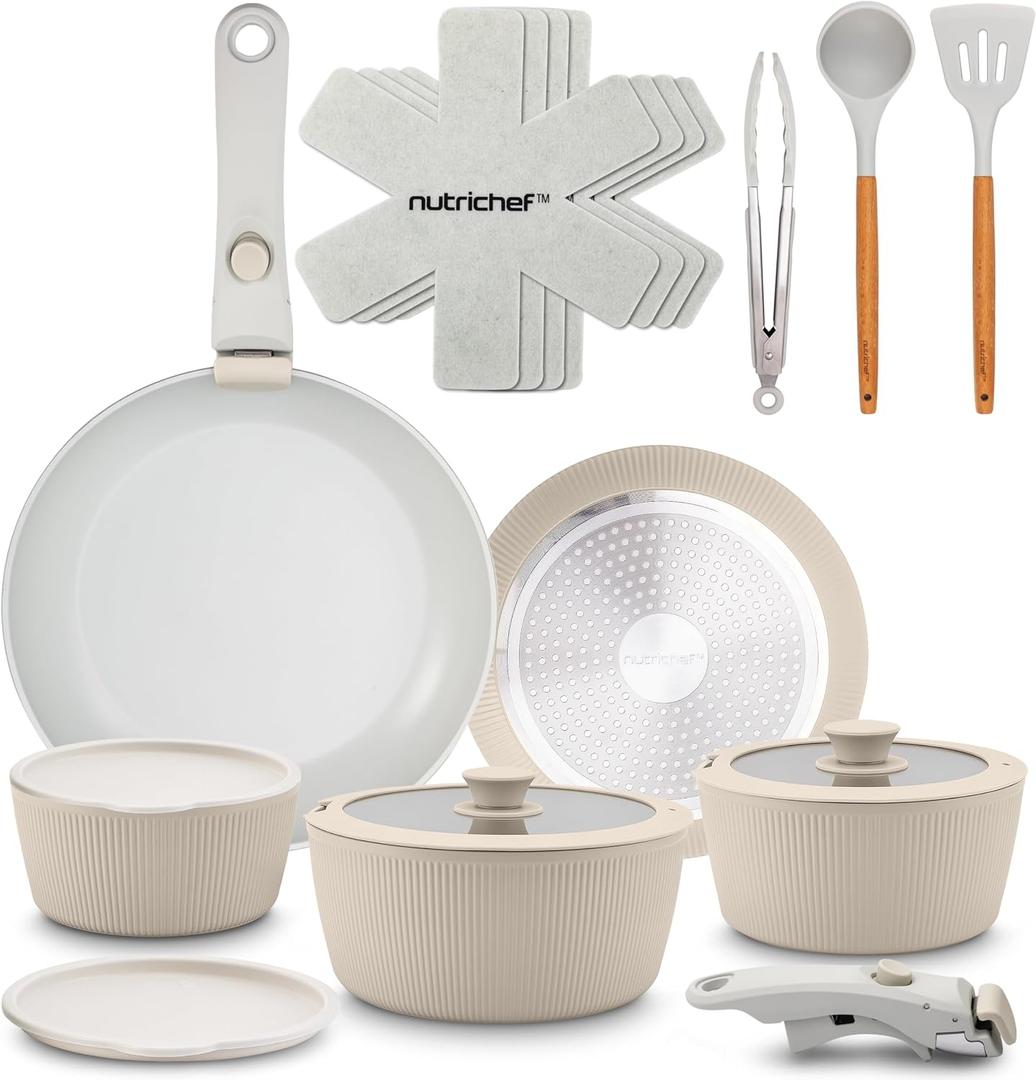 NutriChef 18-Piece Ceramic Cookware Set with Detachable Handles, Non Stick Pots and Pans, PTFE-Free Natural Ceramic Coating, Space-Saving Design, Oven & Stove Safe, Includes Utensils, Cream