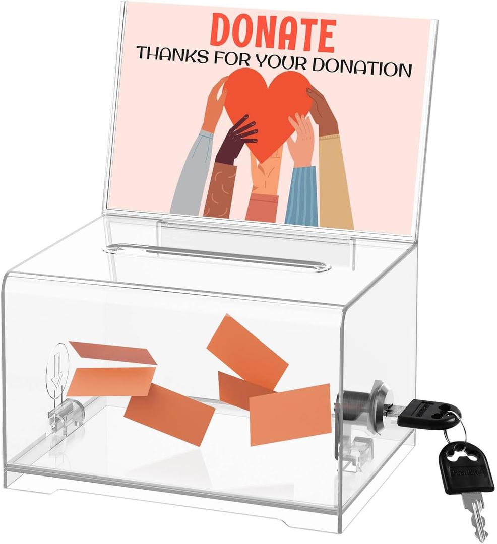 THUQ Clear Donation Box with Lock & Sign Holder, Versatile for Fundraising, Ballot Voting, Suggestions, and Tips Jar, Secure Storage Design, Size 6.2x4.6x4.0 Inch, Clear