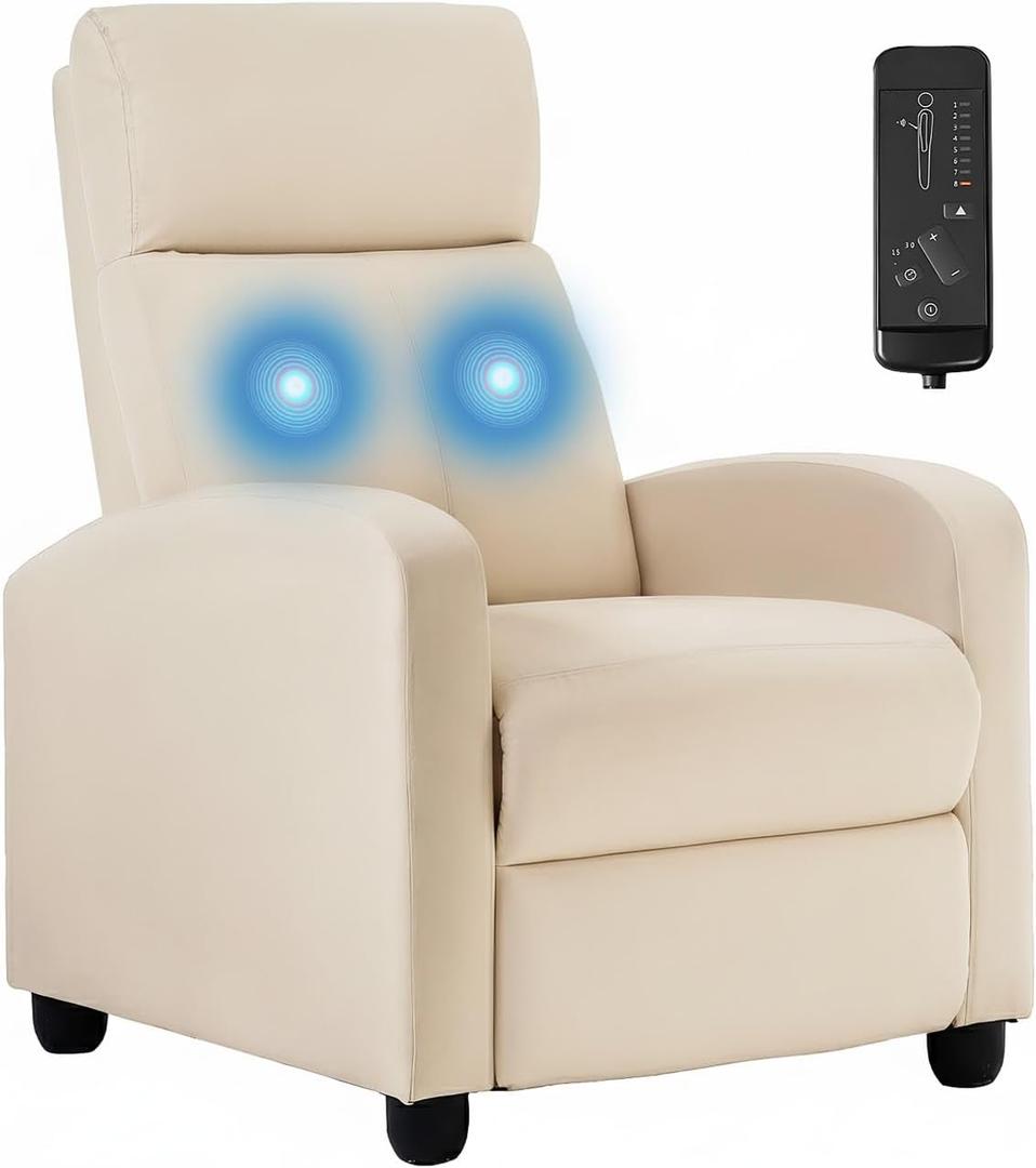 BestMassage | Recliner Chair | with 2 Point Massage Function | Textile Beige | with Lumbar Support, Adjustable Push Back, Footrest & Padded Seat | Easy Assembly | for Living Room, Home Theatre