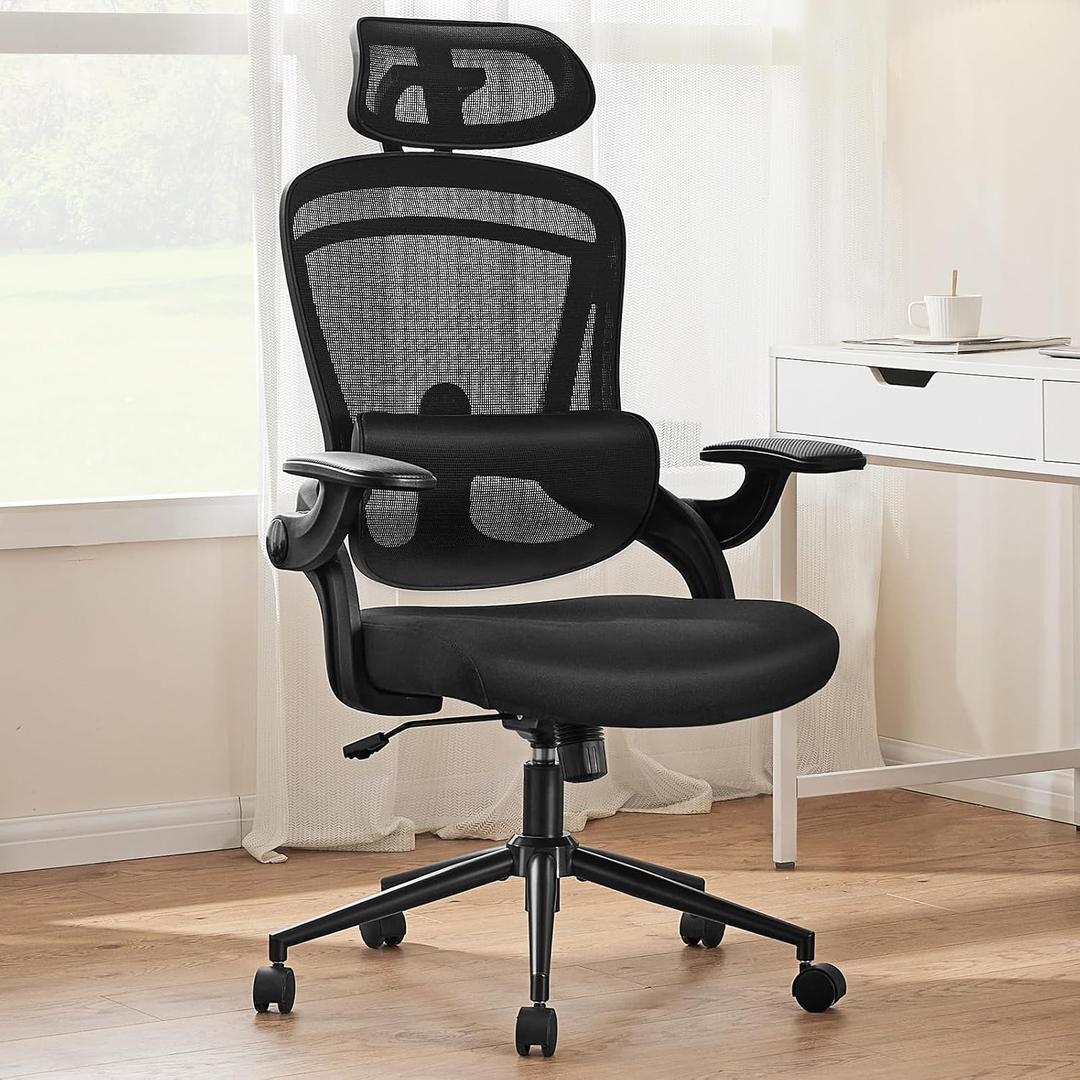 Sweetcrispy Office Chair Ergonomic Desk Chair, 300 LBS Home Mesh Office Desk Chairs with Wheels, 2D Headrest, Up&Down Lumbar Support, Swivel High Back Computer Chair with Flip-up Armrests,Dark Black