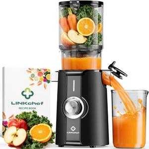 LINKChef Cold Press Juicer Machines, 4.53" Diameter juicers Whole Fruit and Vegetable, 200W Masticating Slow Juicer with Automatic Cutting, BPA-Free, Easy Cleanup & Assembly, Lightweight, Black