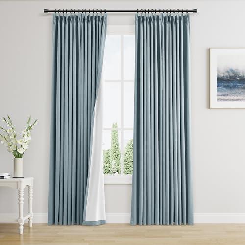 Pinch Pleated 100% Blackout Linen Curtains 84 Inch Length 2 Panel Sets for Bedroom Living Room TextureThermal Black Out Curtains with Hooks Rings Back Tab Darkening Soundproof Drapes Dusty Blue