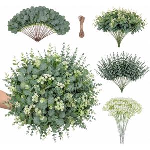 200 Pcs 4 Kinds Mixed Artificial Eucalyptus Greenery Stems Bulk