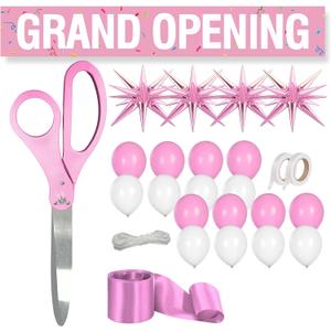 Ribbon Cutting Ceremony Kit Pink - 25 Inch Giant Scissors for Ribbon Cutting Pink Banner and Star Balloons Satin Ribbon for Special Events and Business Openings Inaugurations