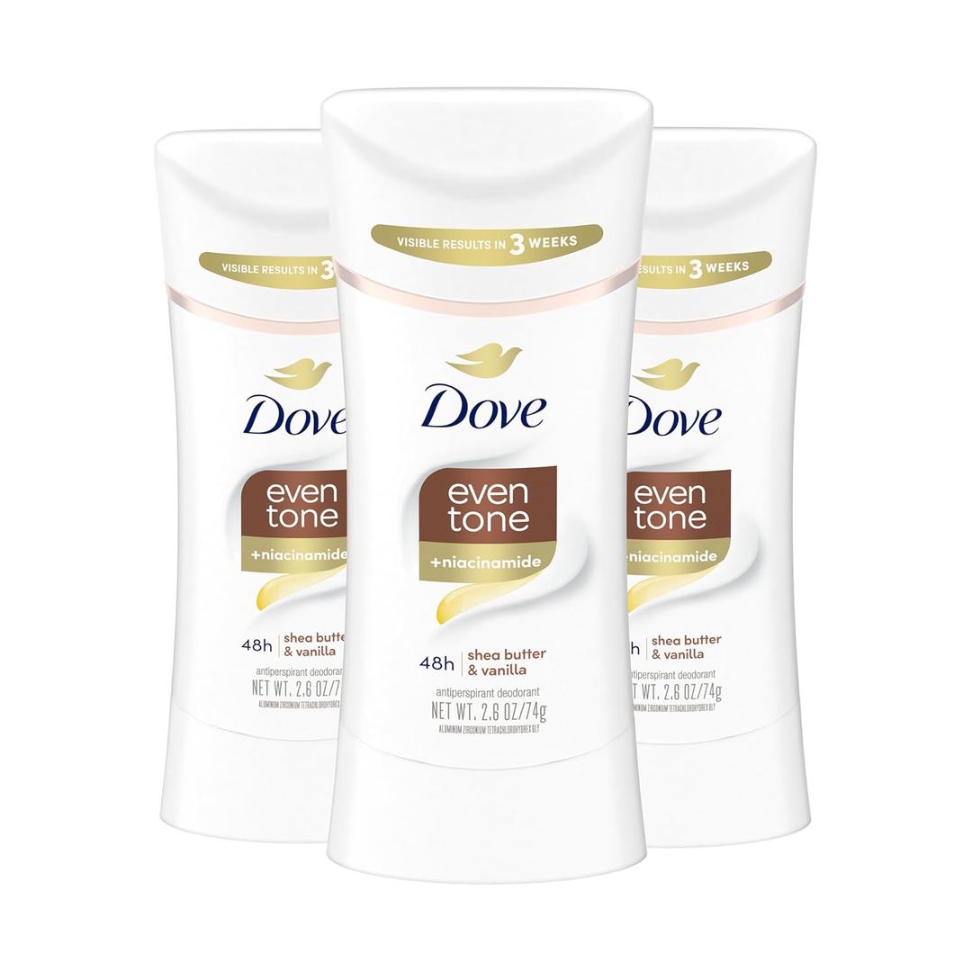 Dove Antiperspirant Deodorant Stick Even Tone Shea Butter & Vanilla Pack of 3 for 48h Odor and Sweat Protection & Skin Restoration, with Niacinamide & Visible Results in 3 Weeks, 2.6 oz