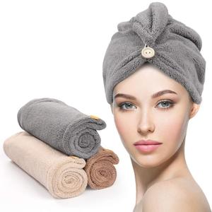 YFONG 3 Pack Hair Drying Towels, Hair Towel with Button, Super Absorbent Microfiber Hair Towel for Curly Hair, Fast Drying Hair Wraps for Women Girls, Microfiber Towel for Hair (Gray, Camel, Brown)