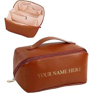Personalized Makeup Bag for Women - Customized Large Travel Cosmetic Bag with Initial and Name - Premium PU Leather Toiletry Bag with Compartments and Handle for Travel Essentials & Gifts