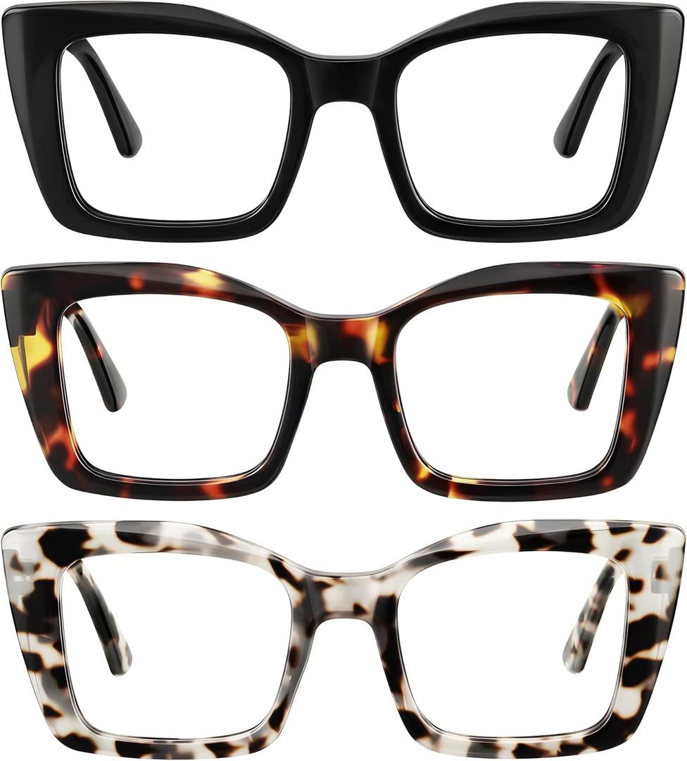 3 Pack Reading Glasses for Women Oprah Style Oversized Square Reading Glasses Blue Light Blocking Spring Hinge Readers (Mix)