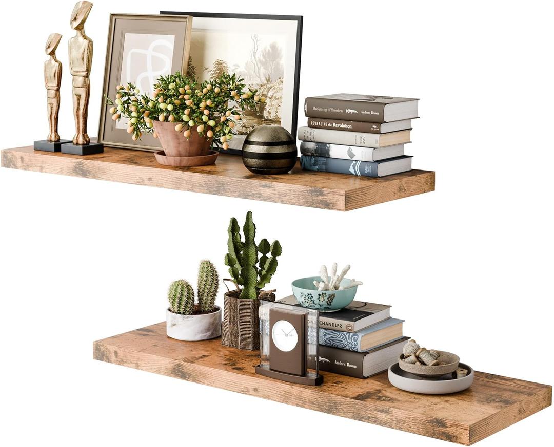 36 Inch Long Floating Shelves for Wall, Rustic Brown 12 Inch Deep Floating Shelves Set of 2, Wall Shelves for Bathroom Over Toilet, Live Edge Display Shelf with Invisible Brackets, Home Decor (35.5 in W x 11.6 in D x 1.5 in H, Rustic Brown Deep Floating Shelves)