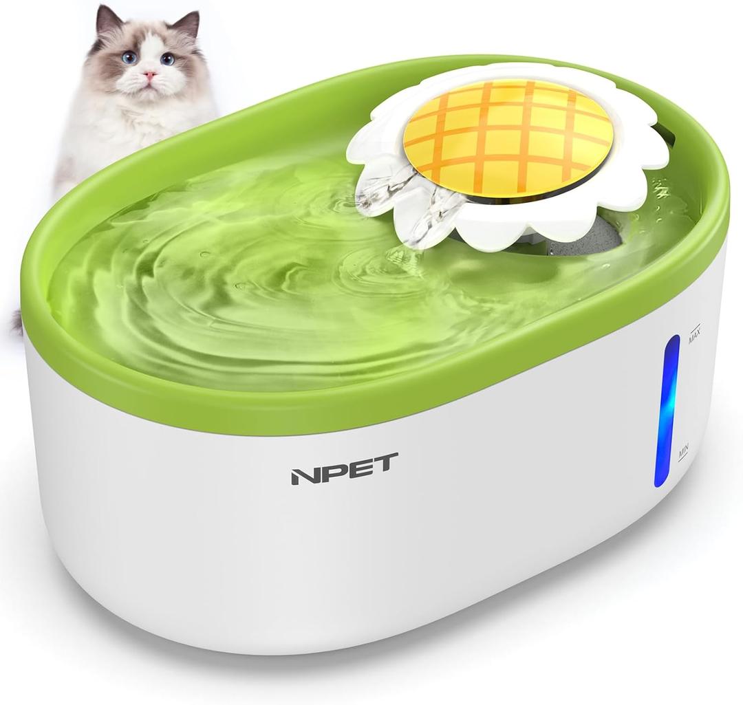 NPET Cat Water Fountain with Visible Water Level Window, White Grey 2L/ 67oz Automatic Pet Water Fountain with Quiet Pump, Dog Water Dispenser for Drinking (Green)