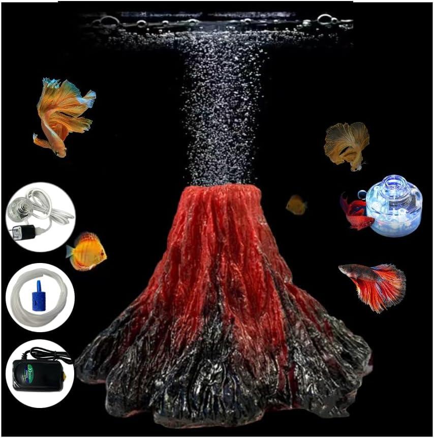 aikido Aquarium Volcano Bubbler Kit Realistic Resin Decorations with Air Stone Colorful LED Light Decor for Fish Tank Landscape Addition and Oxygenation (Kit A)
