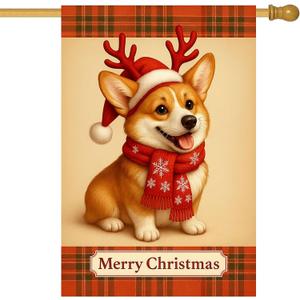 IVN Christmas Corgi Big Garden Flag 24x40 Inch Big Double Sided Dog Antler Scarf Plaid Outdoor Yard Flag for Home Front Door Lawn Porch Holiday Decor