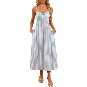 Fashionme Womens Summer Maxi Dresses 2026 Trendy Striped Vacation Boho Beach Spaghetti Strap Sundress Back Tie with Pockets, S