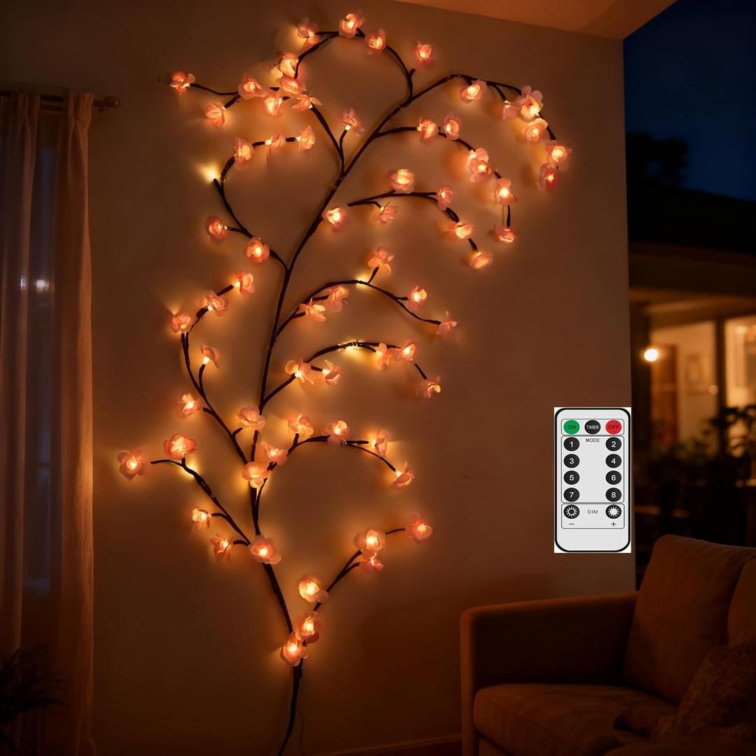 75 Inch Cherry Blossom Tree Light with Remote, 96 LED Cherry Blossom Branch Lights for Wall, 8 Lighting Modes&Timer, Flexible DIY Indoor Decoration for Home, Christmas, Wedding, Party (96LED-75inch)