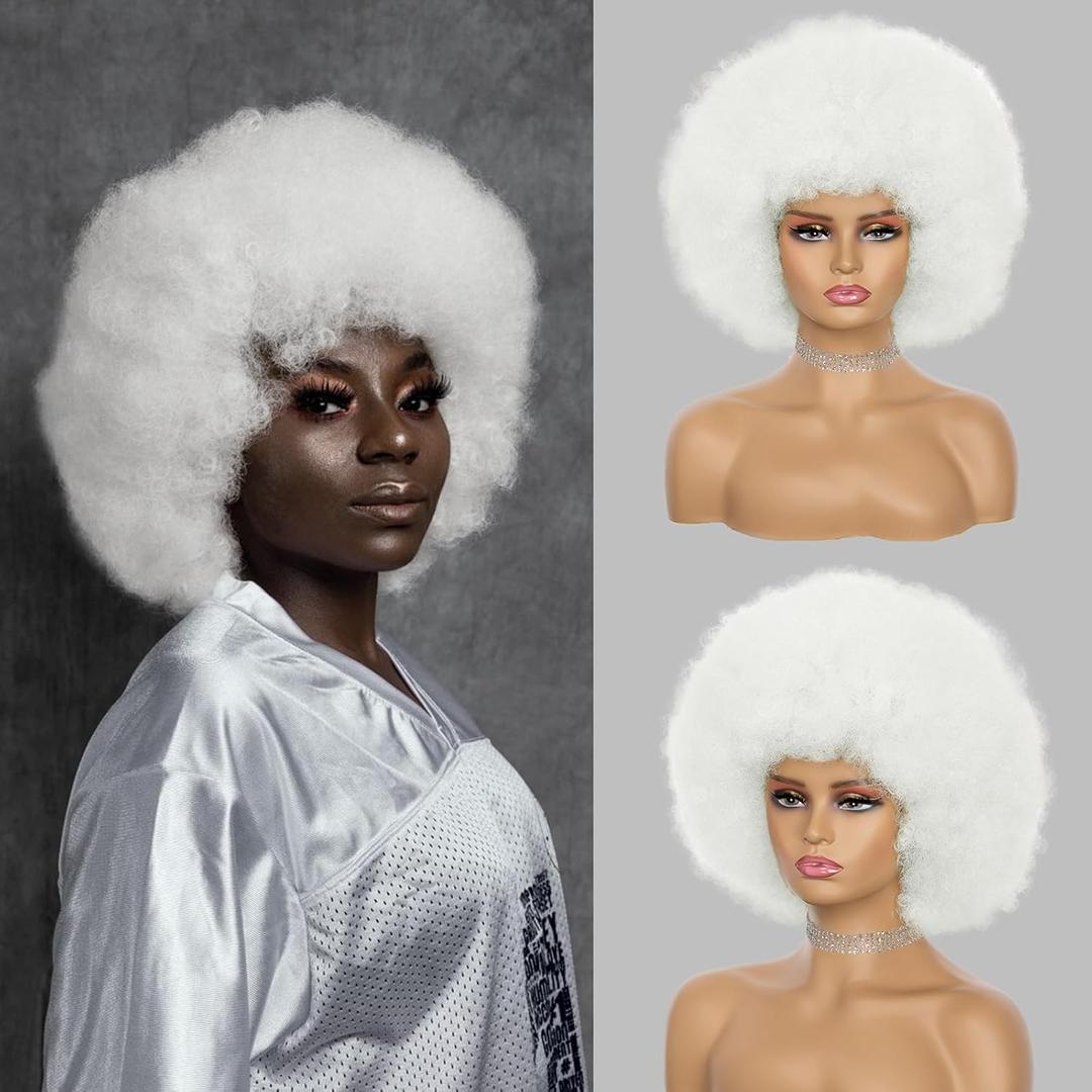 White Afro Wig - Soft 70s Kinky Curly Hair With Bangs, Natural Looking Short Afro, Perfect for Daily & Party Use (Platinum Blonde)